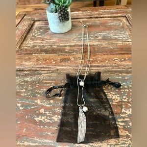 White House Black Market Stunning Long Silver Necklace with Pearls.